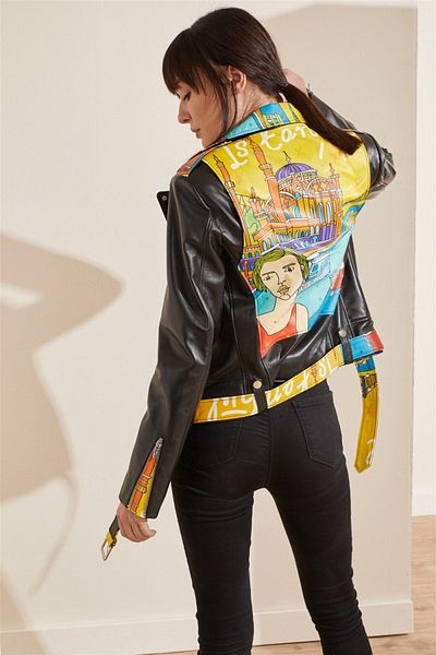 Deriderim Black Ikigai The City Istanbul Printed Belted Zippered Biker Women's Genuine Leather Coat