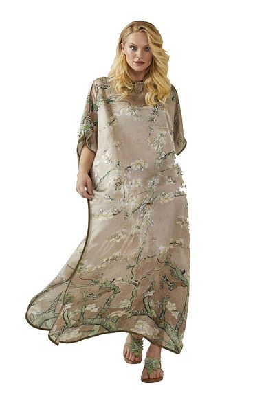 Deriderim Beige Van Gogh Almond Blossoms Patterned Unlined Summer Satin Women's Silk Dress