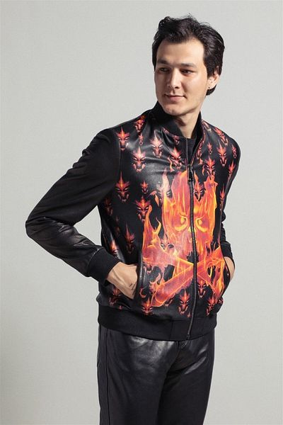 Deriderim Black Flame Printed Men's Genuine Leather Bomber Coat with Knitted Waist and Sleeve Lining and Zipper