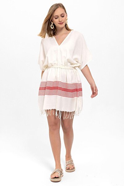 Deriderim V-подібний виріз, короткі рукави, червоно-біла шовкова тканина, пляжна бавовняна сукня