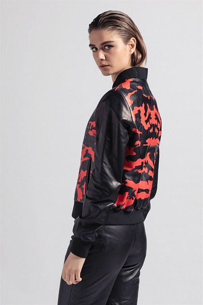 Deriderim Red Tiger Printed Sleeves Black Leather Waist and Sleeve Ribbed Women's College Genuine Leather Coat