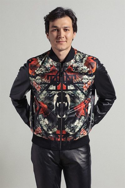 Deriderim Black Bear And Geometric Digital Printed Sleeves And Ribbed Waist College Men's Genuine Leather Coat