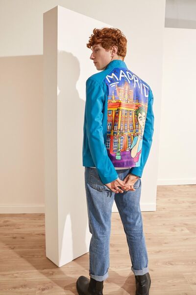 Deriderim Blue Madrid Ikigai Special Hand Drawing Digital Printed Zippered Lined Men's Genuine Leather Coat