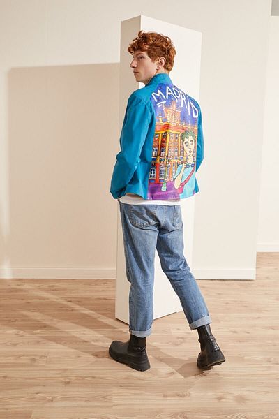 Deriderim Blue Madrid Ikigai Special Hand Drawing Digital Printed Zippered Lined Men's Genuine Leather Coat