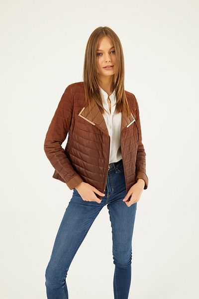 Deriderim Whiskey Gloria Zippered Unlined Stitched Lightweight Stylish Short Women's Genuine Suede Coat