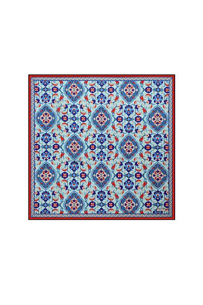 Bursa İpek Turquoise and Red Tile Tulip Patterned Silk Handkerchief