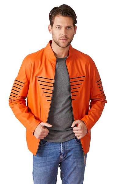 Deriderim Orange Genuine Leather Dark Blue Fabric Zippered Thin Vincenzo Men's Double Sided Coat