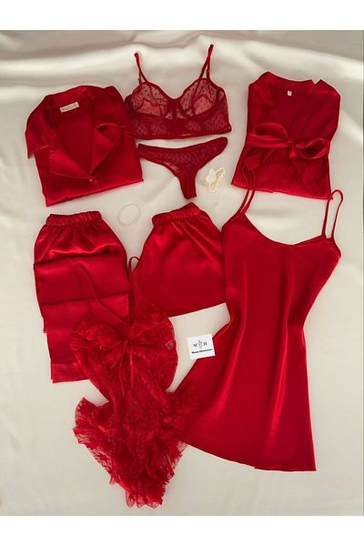 MH Moony Homewears Boxed 8 Piece Red Satin Pajamas Nightwear Underwear Myth Dowry Set