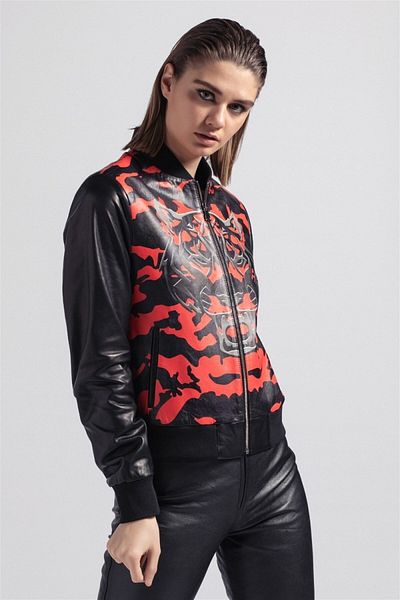 Deriderim Red Tiger Printed Sleeves Black Leather Waist and Sleeve Ribbed Women's College Genuine Leather Coat