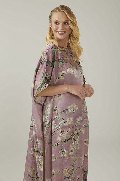 Deriderim Pink Almond Blossoms Print Unlined Summer Satin Women's Silk Dress