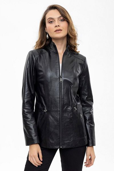 Deriderim Black Aden Zippered Lined Women's Genuine Leather Jacket with Drawstring Waist