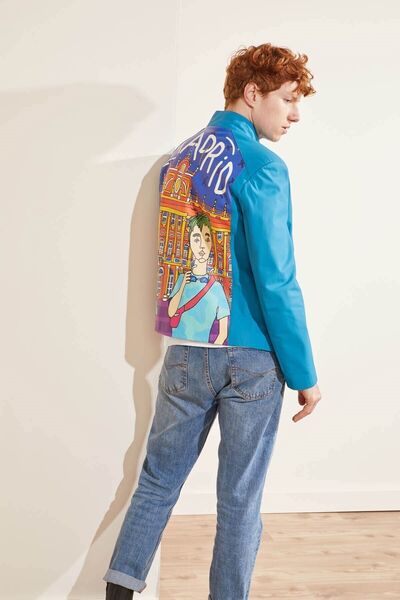 Deriderim Blue Madrid Ikigai Special Hand Drawing Digital Printed Zippered Lined Men's Genuine Leather Coat