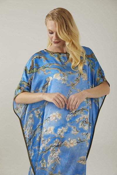 Deriderim Blue Almond Blossoms Print Unlined Summer Satin Women's Silk Dress