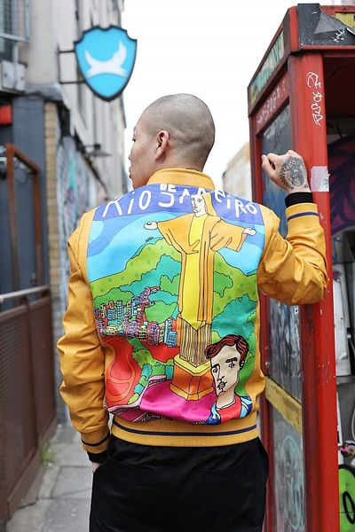 Deriderim Yellow Rio Ikigai Special Hand Drawing Digital Printed Zippered Lined Men's Genuine Leather Bomber Coat