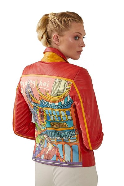 Deriderim Orange Ikigai The City Series Shangia Digital Print Zippered Lined Women's Genuine Leather Jacket