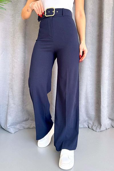 Mine Tan Butik Wide Leg Belted Trousers - Navy Blue