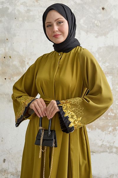 InStyle Oil Green Ferace - Flower Sequin Detailed