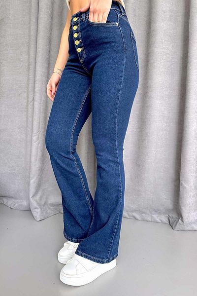 Mine Tan Butik High Waist Button Detailed Women's Spanish Leg Jeans - Blue