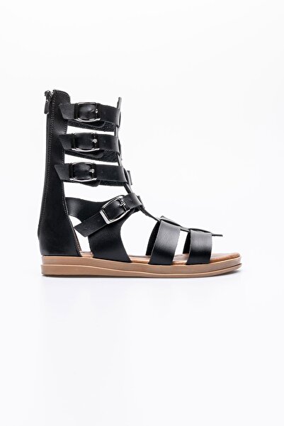 TOPUK Gladiator Black Zippered Genuine Leather Sandals