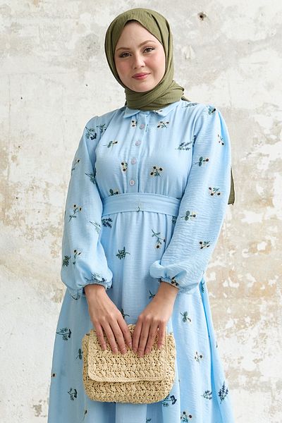 InStyle Rochie albastră cu guler cămașă cu detaliu broderie