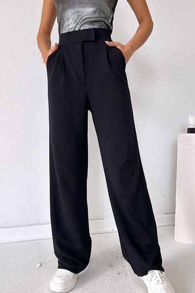 Mine Tan Butik Velcro Detail Palazzo Women's Trousers - Black