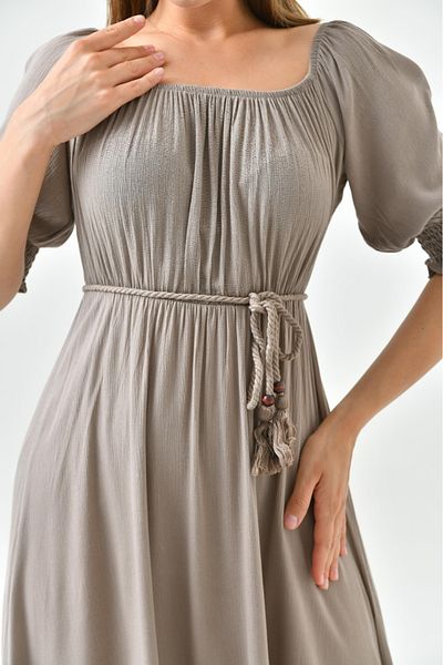 bayansepeti Madonna Collar Mink Cotton Maxi Dress - Rope Belt, Cotton Design 6298