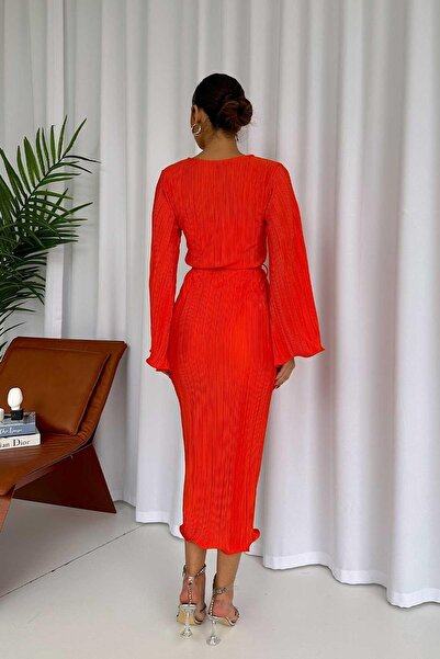 Mine Tan Butik Помаранчева плісирована жіноча сукня з довгим рукавом