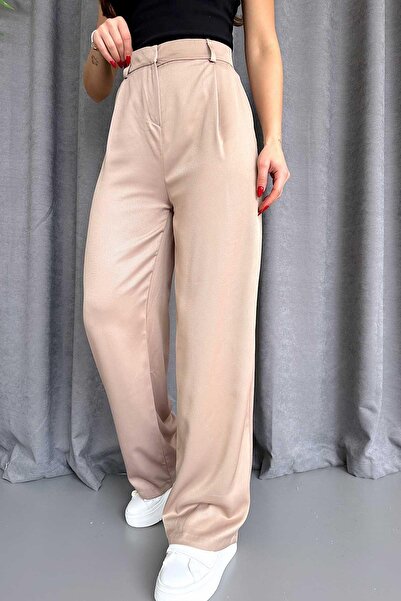 Mine Tan Butik Ψηλόμεσο Σατέν Παντελόνι Διπλό - Μπεζ