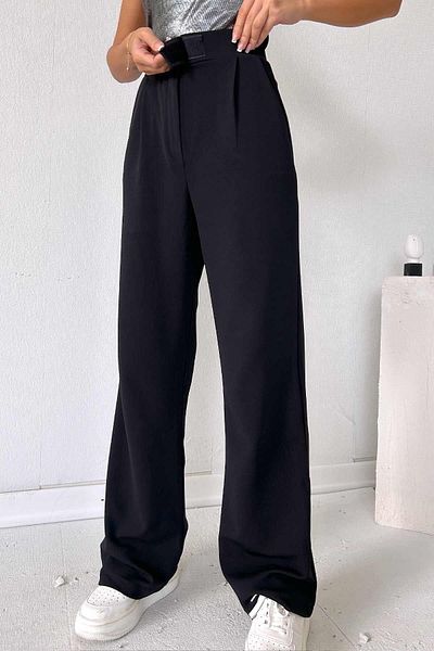Mine Tan Butik Velcro Detail Palazzo Women's Trousers - Black