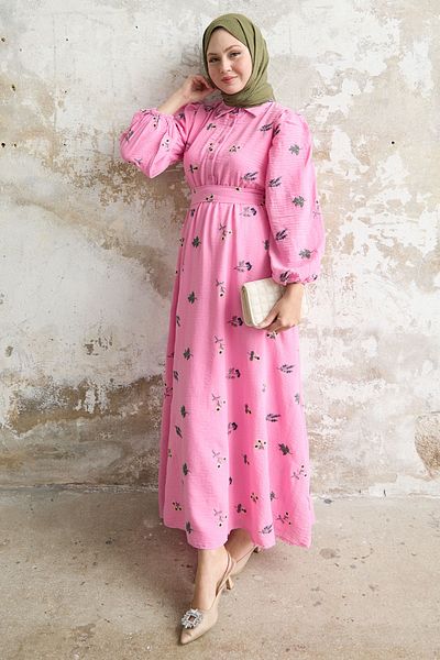 InStyle Φούξια κεντημένο πουκάμισο γιακά φόρεμα