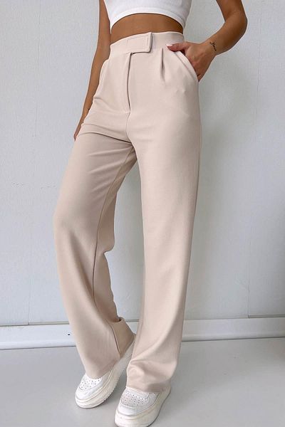 Mine Tan Butik Beige Palazzo Women's Trousers - Velcro Detail