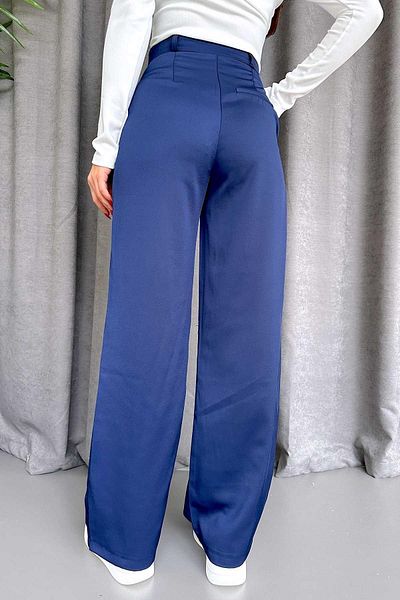 Mine Tan Butik High Waist Double Leg Satin Trousers - Navy Blue