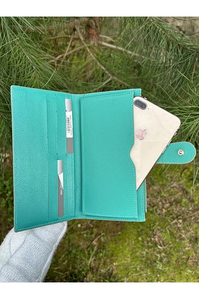 SANLINE Turquoise Sanlıne Genuine Leather Women's Wallet - Hand Portfolio with Phone Compartment