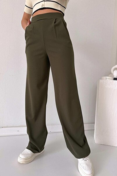 Mine Tan Butik Παντελόνι Collet Detail Palazzo Leg Lycra - Χακί