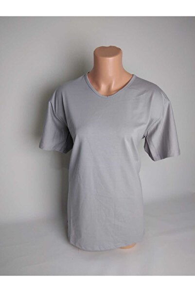 YAŞAR TRİKO Gray V-Neck Short Sleeve Lycra Mother's Combed Cotton T-Shirt Blo...