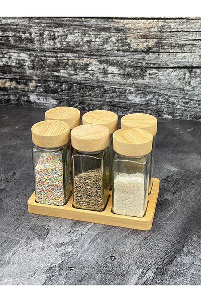 YzHome 300ml Capacity - Set of 6 Bamboo Jars with Stand and Square Spice