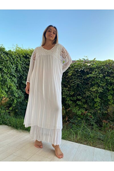 Bohemian Kadın Beyaz Dantelli Robalı Uzun Ipek Elbise