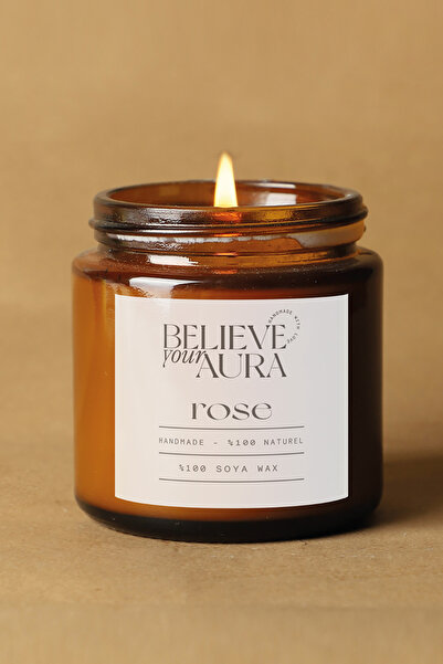 Believe Your Aura Gül Kokulu Mum - %100 Doğal Soya Mumu Amber Kavanoz Aromate...