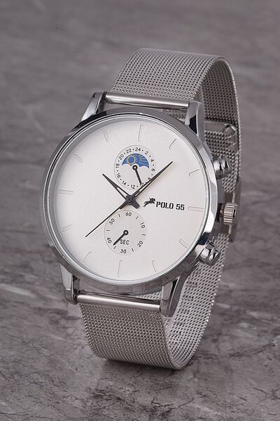 Polo55 Gümüş- Beyaz Dekoratif Göstergeli Kadran Hasır Kordon Erkek Kol Saati