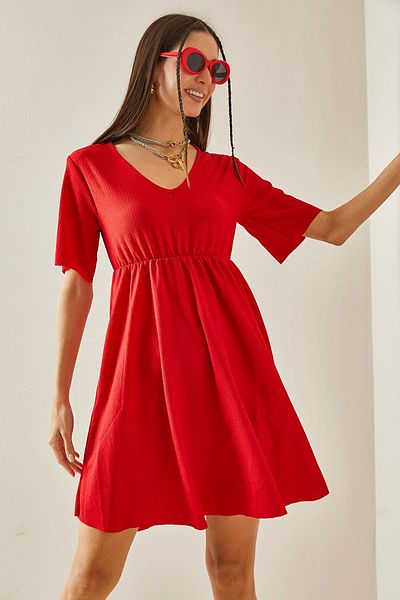 XHAN V-Neck Red Flounce Dress - 5YXK6-48613-04