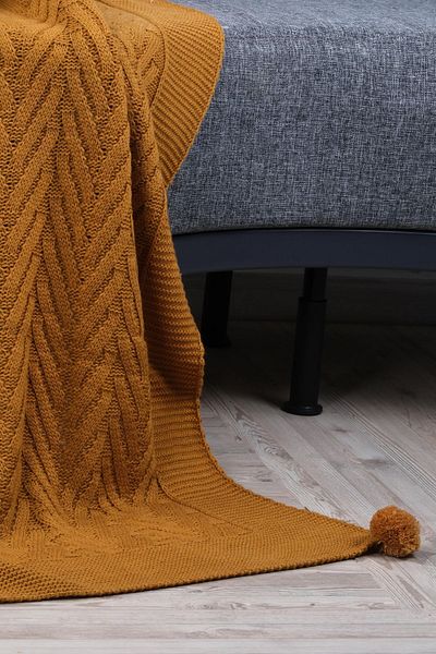 DOUX HOME Leyla Knitwear TV Blanket - 4 Pompom Mustard
