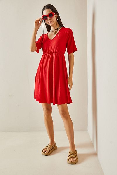 XHAN V-Neck Red Flounce Dress - 5YXK6-48613-04