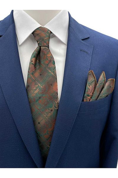 Brianze Green Coffee Motif Patterned Tie and Handkerchief Set