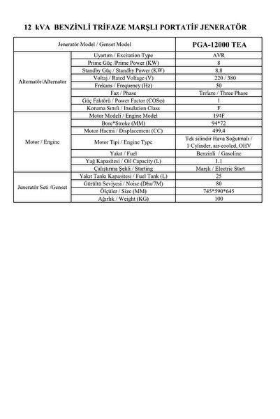Armak Pga-12000 Tea 11 Kva Benzinli Trifaze Marşlı Portatif Jeneratör