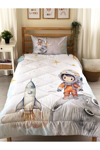 Evmila Astronot Desenli Kapitone Yorgan,tek Kişilik Uyku Seti