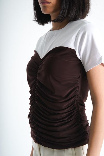 Moda Değirmeni Tricou alb-maro pentru femei - Gât crew, drapat în față BG1193-314-0001
