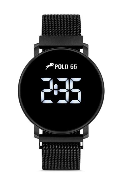 Polo55 ساعة يد نسائية بسوار شبكي رقمي أسود اللون