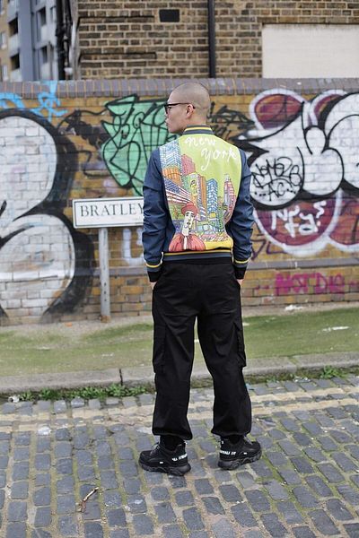 Deriderim Blue New York Ikigai Special Hand Drawing Digital Printed Zippered Lined Men's Genuine Leather Coat