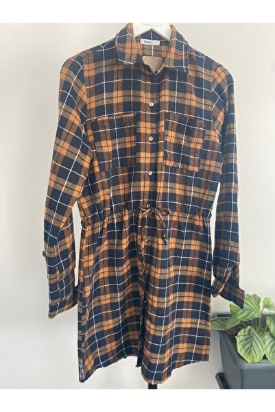 Bohemian Lumberjack Fabric Long Sleeve Waist Lace-up Shirt Dress