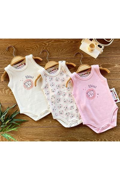 Renkli Puset 3-Piece Organic Cotton Combed Newborn Baby Strappy Bodysuit Set Pink Aslan